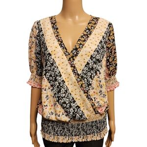 Floral Half Sleeve Surplice Wrap Style Smock Blouse